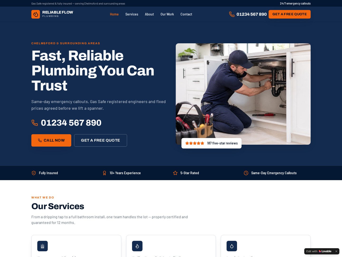 Website design for Reliable Flow Plumbing shown on a laptop